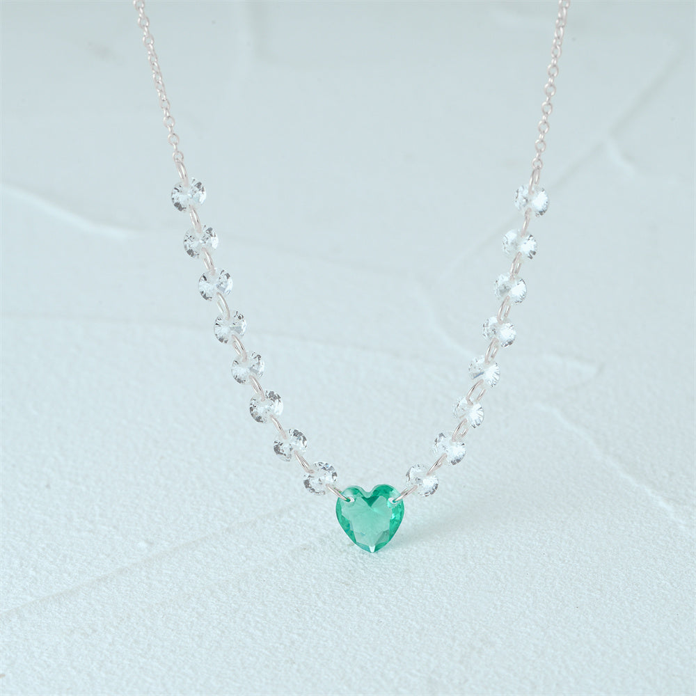 Horae 925 Sterling Silver Heart Green Zircon Pendant Chain Choker Necklace