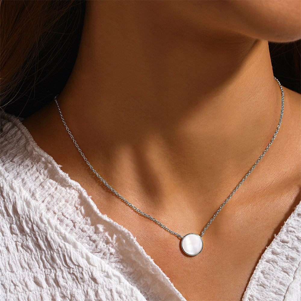 Horae 925 Sterling Silver Round Shell Pendant Chain Choker Necklace