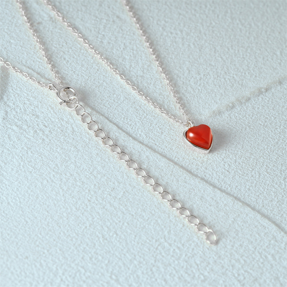 Horae 925 Vintage Heart Red Agate Pendant Choker Necklace