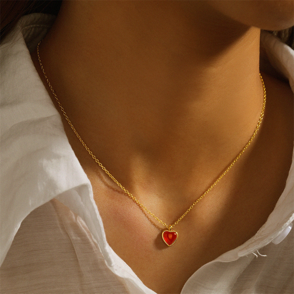 Horae 925 Vintage Heart Red Agate Pendant Choker Necklace