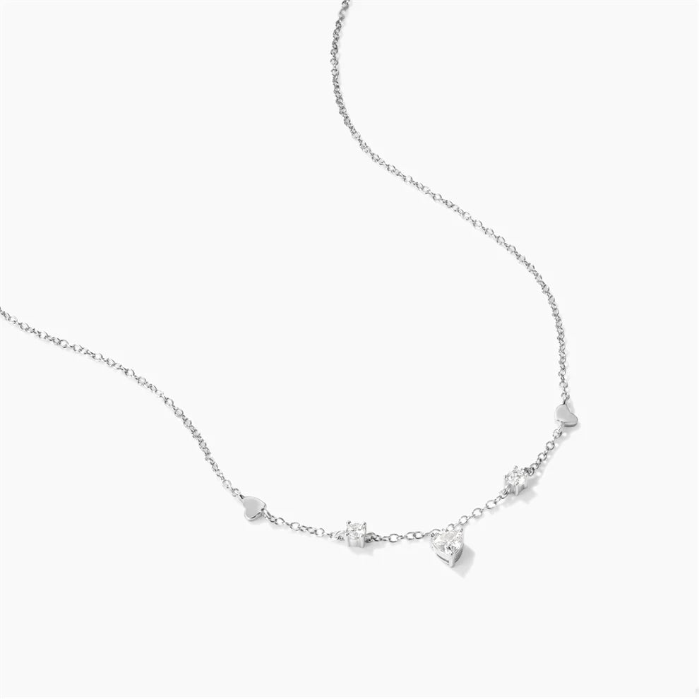 Horae 925 Sterling Silver Heart Stationed Zircon Pendant Choker Necklace