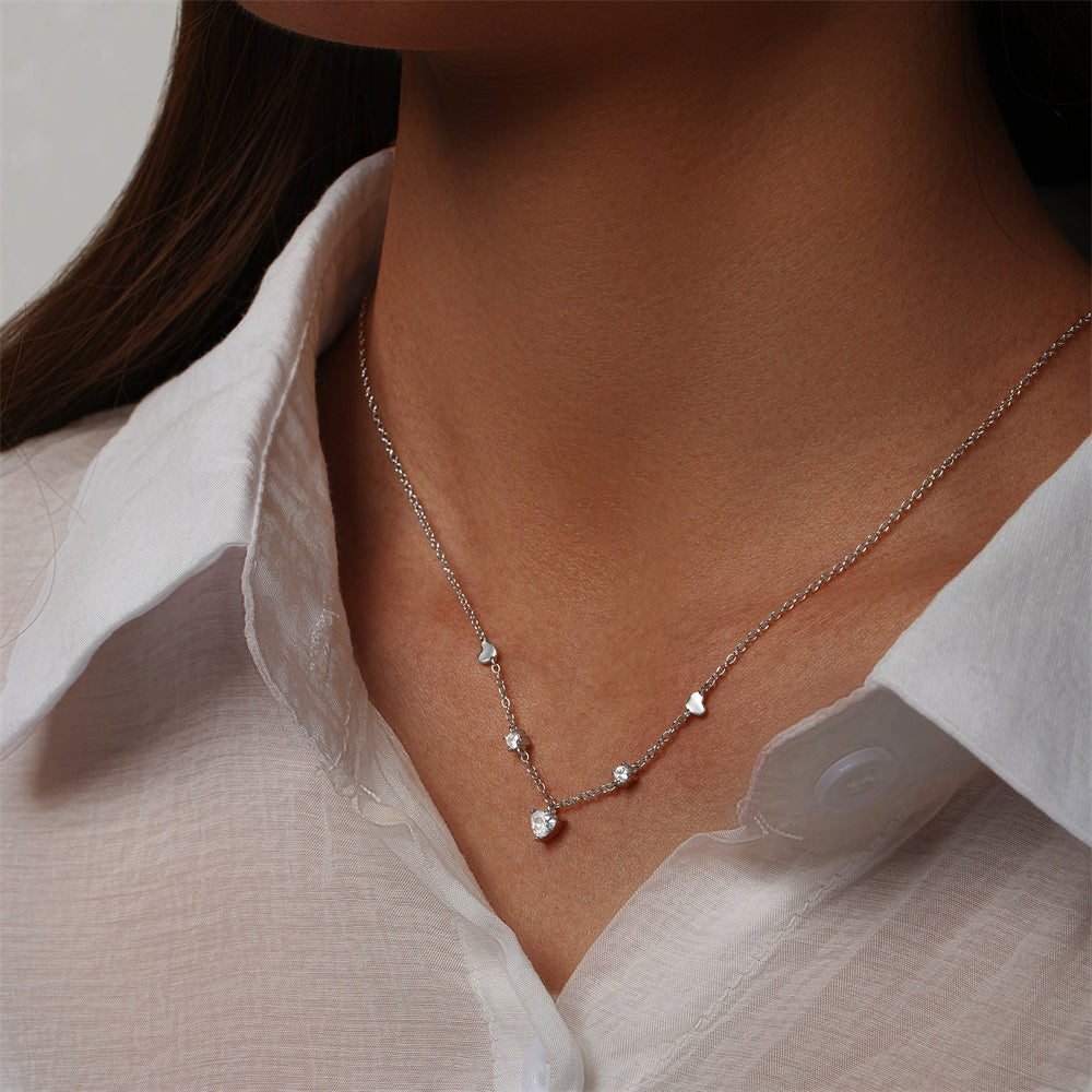 Horae 925 Sterling Silver Heart Stationed Zircon Pendant Choker Necklace