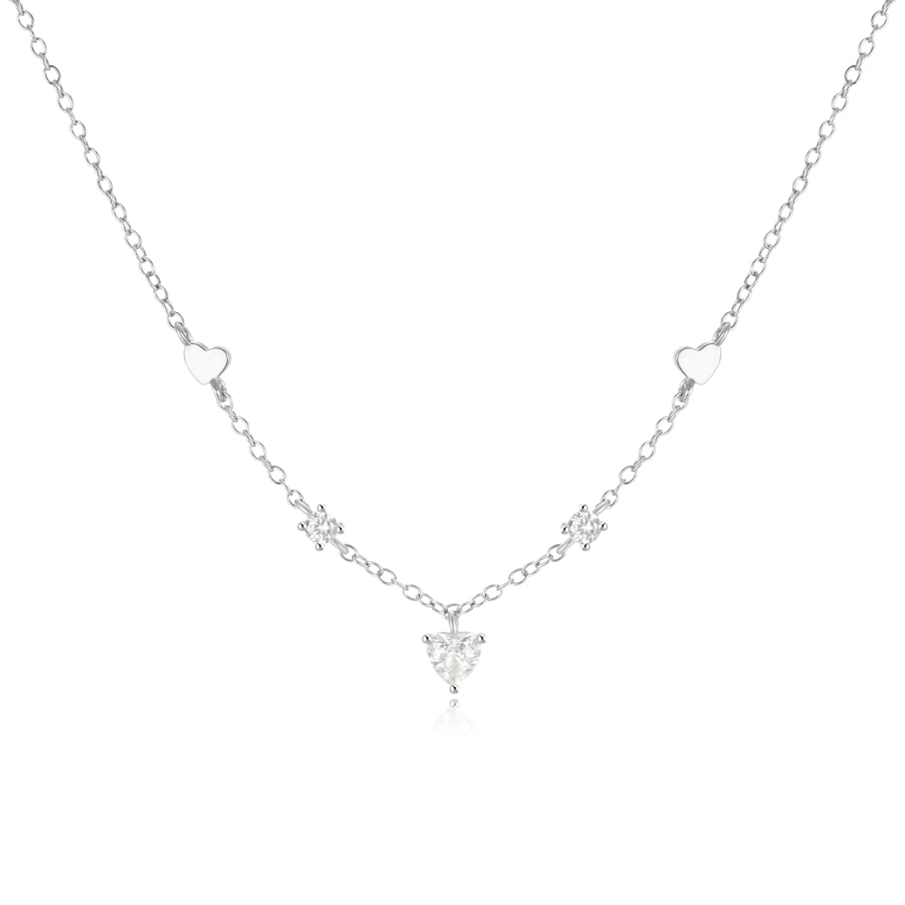 Horae 925 Sterling Silver Heart Stationed Zircon Pendant Choker Necklace