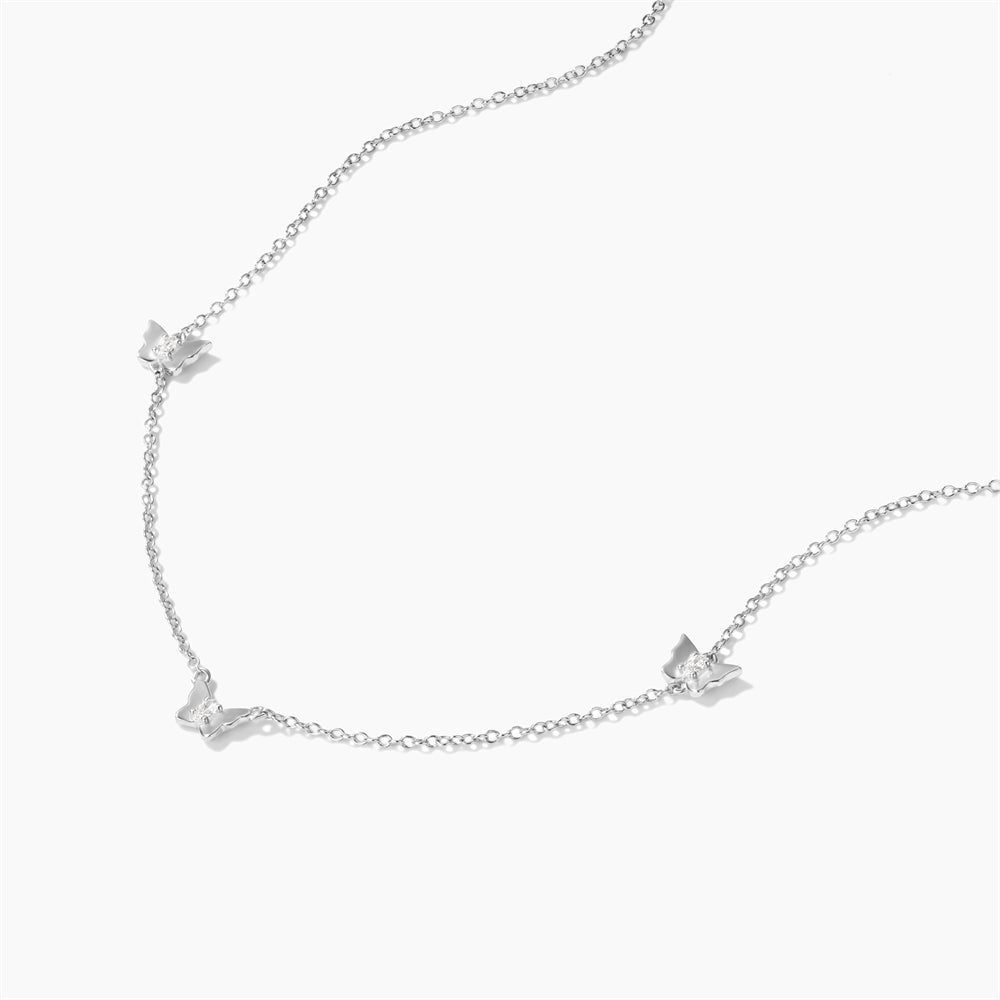 Horae 925 Sterling Silver Trio Butterfly Stationed Zircon Choker Necklace