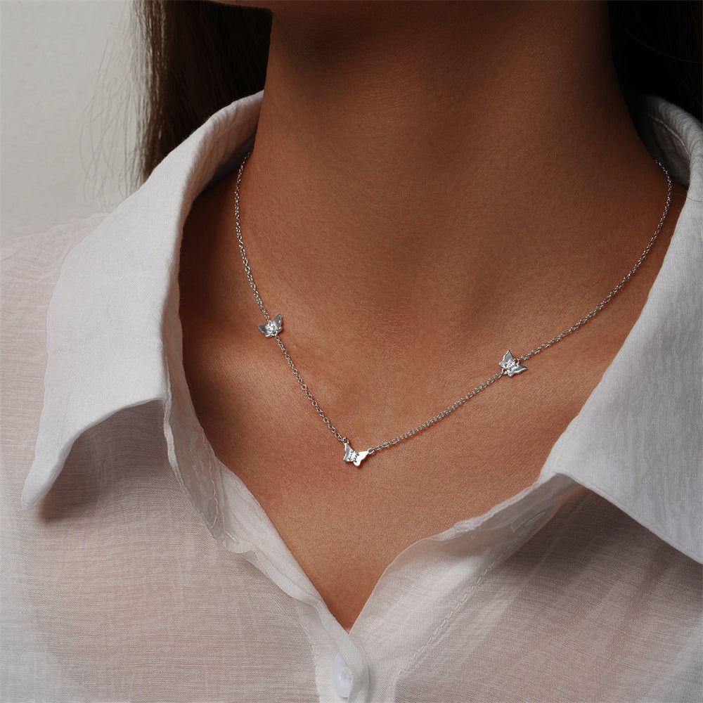 Horae 925 Sterling Silver Trio Butterfly Stationed Zircon Choker Necklace