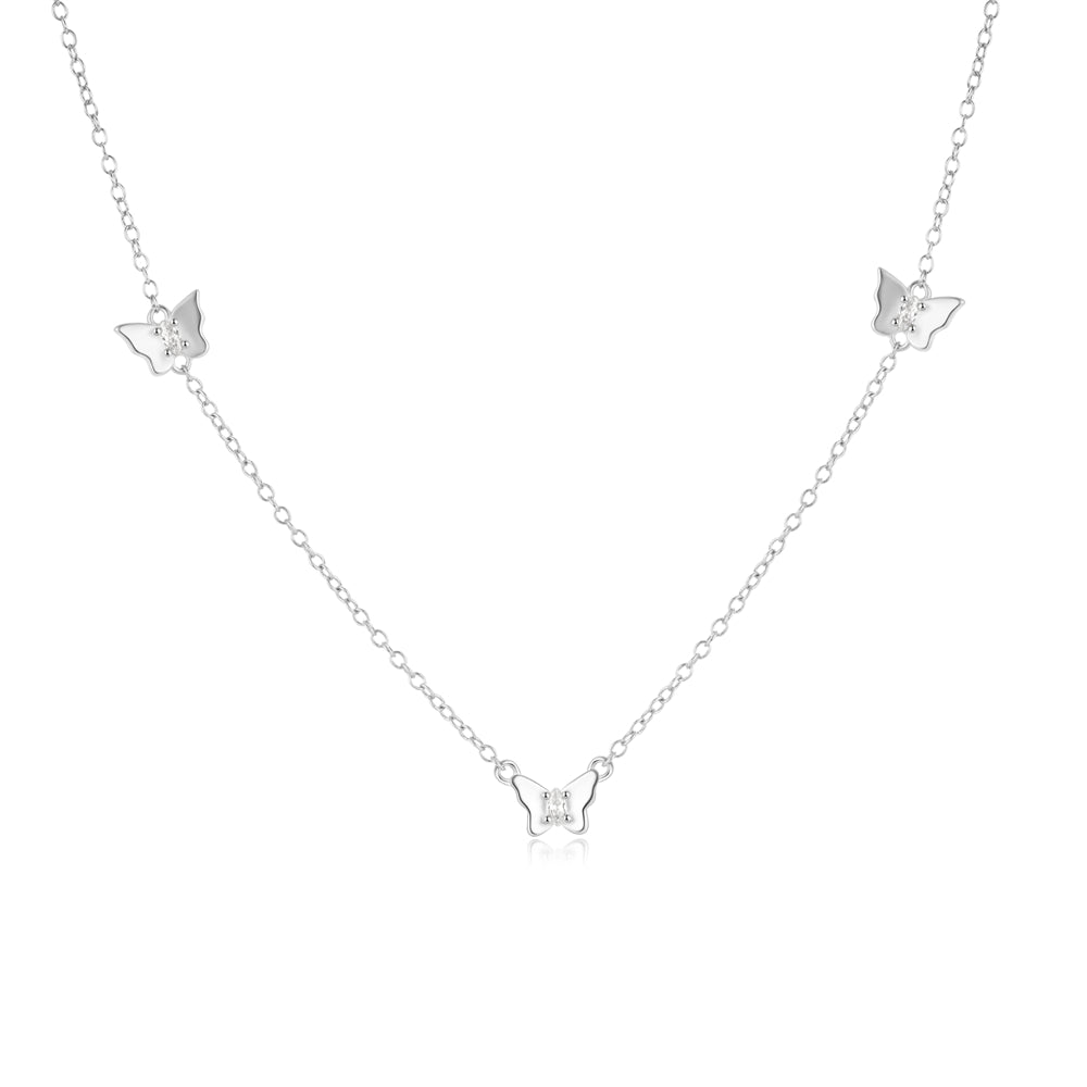 Horae 925 Sterling Silver Trio Butterfly Stationed Zircon Choker Necklace