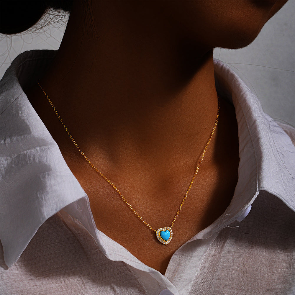 Horae 925 Sterling Silver Heart Turquoise Pendant Chain Choker Necklace