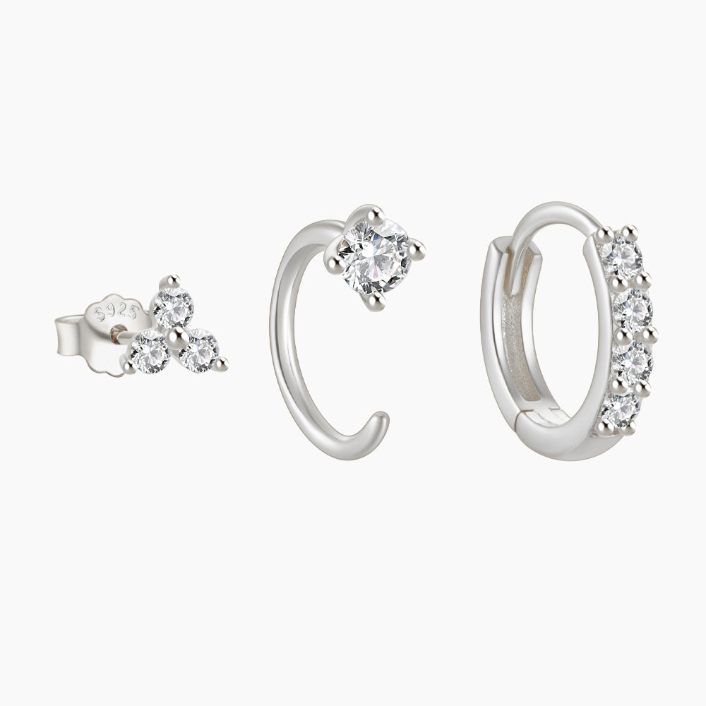 Set di orecchini giornalieri con zirconi minimalisti in argento sterling 925 Horae da 3 pezzi