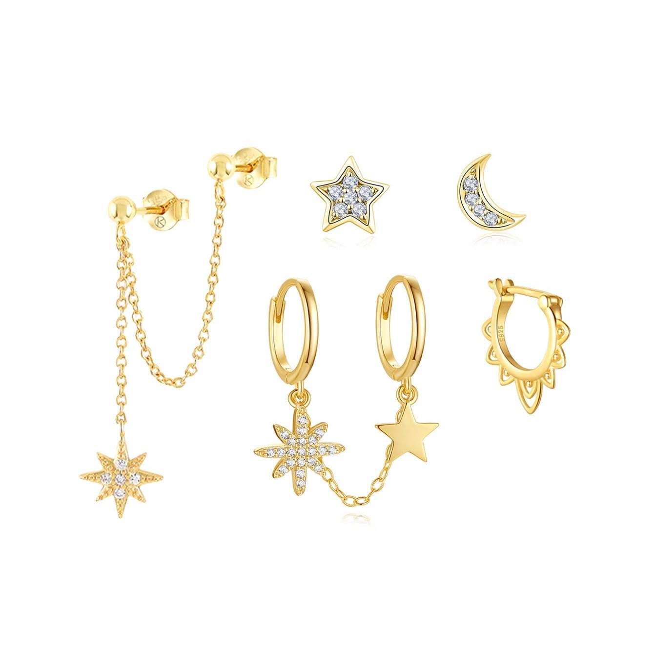 Horae 5 Piece Sun Star Moon Women Stud Earrings