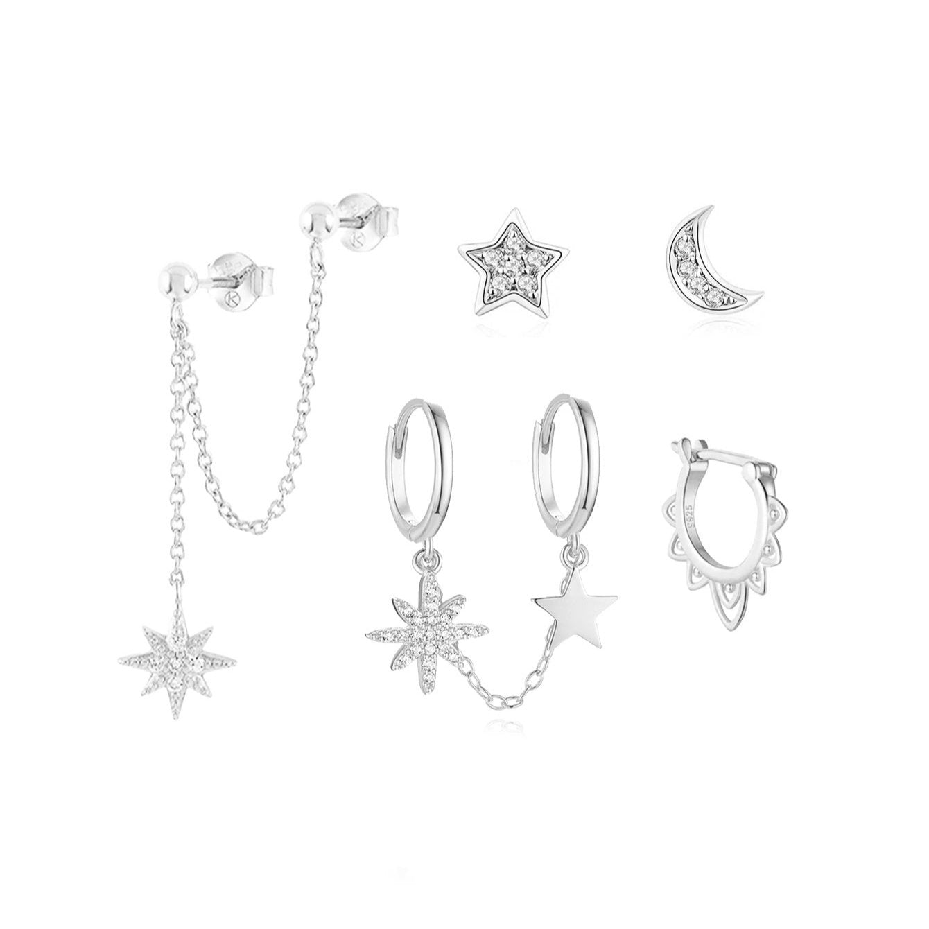 Horae 5 Piece Sun Star Moon Women Stud Earrings