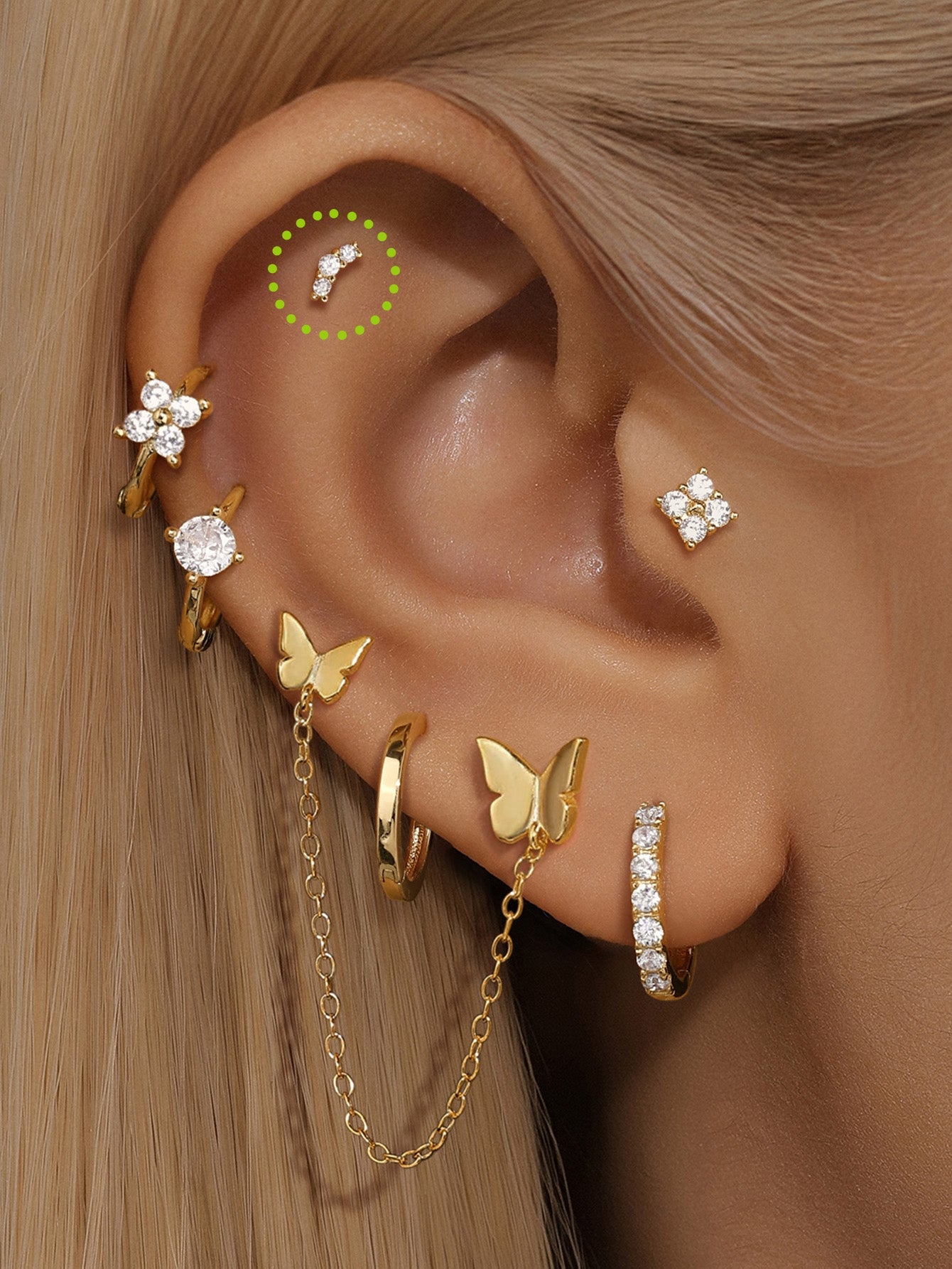 14K Solid Gold Pave Curved Ear Piercing Stud