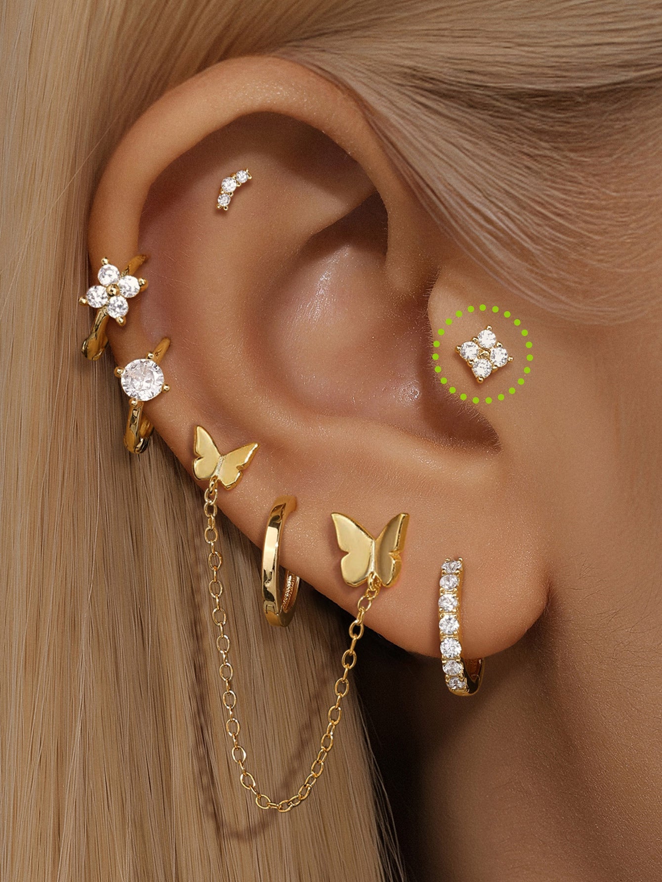 14K Solid Gold Four Flower Ear Piercing Stud