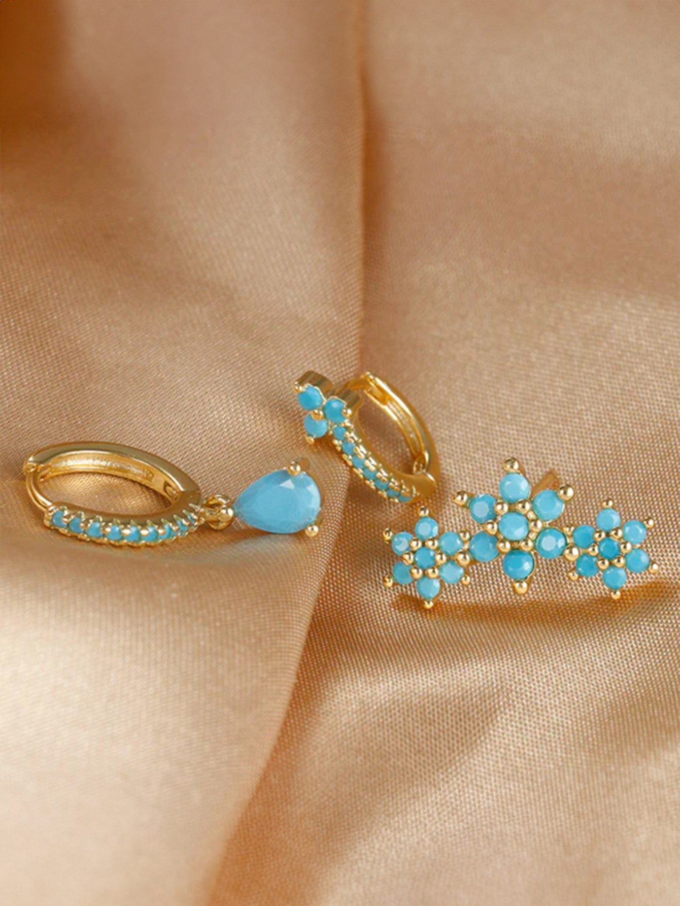 Turquoise Flowers Drop Hoop Earring Set