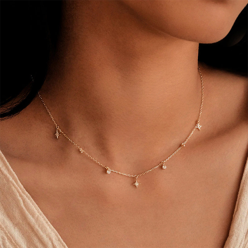 Horae S925 Geometric Zircon Stationed Pendant Choker Necklace