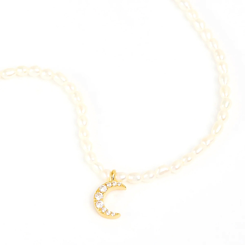 Horae S925 French Millet Pearl Choker Moon Zircon Necklace