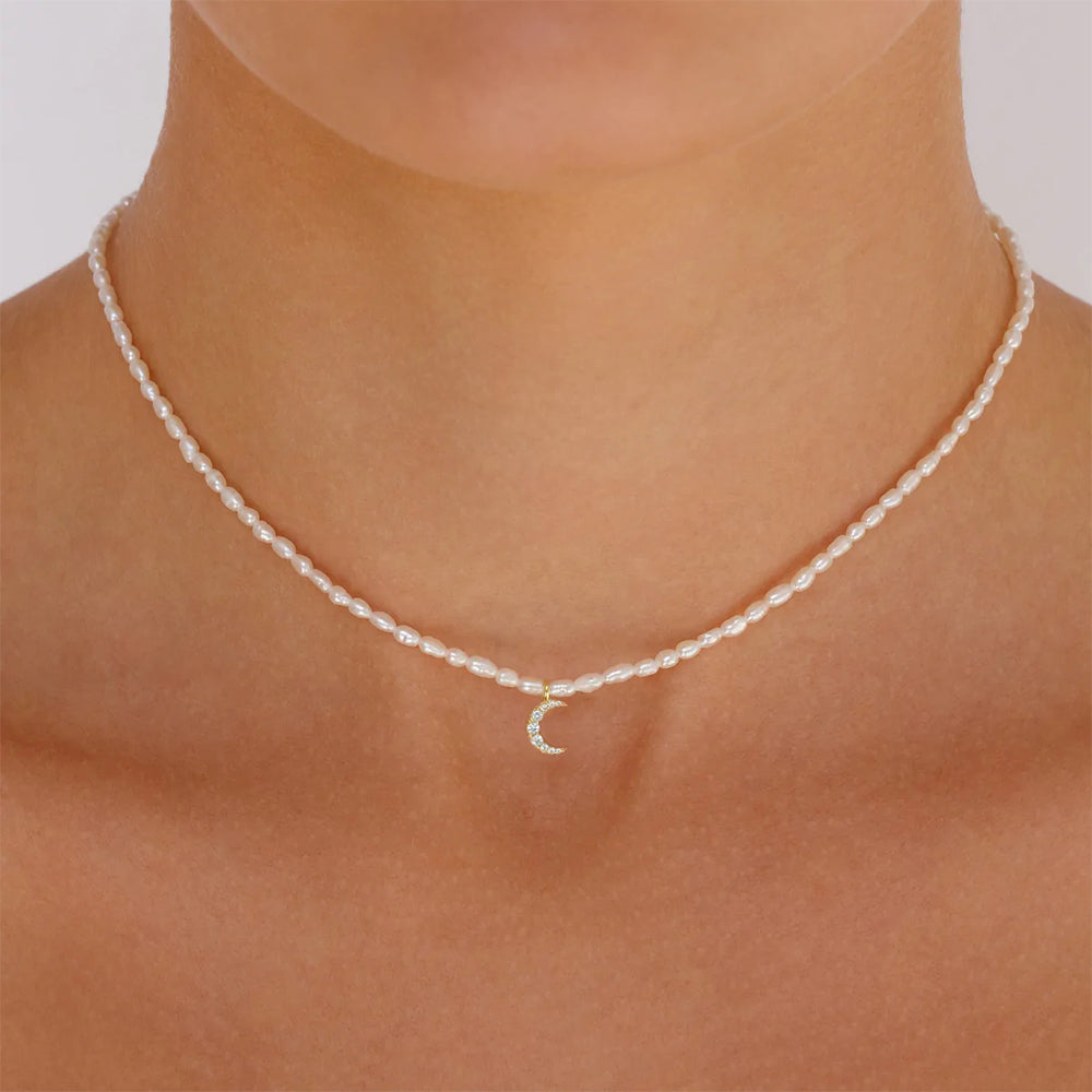 Horae S925 French Millet Pearl Choker Moon Zircon Necklace