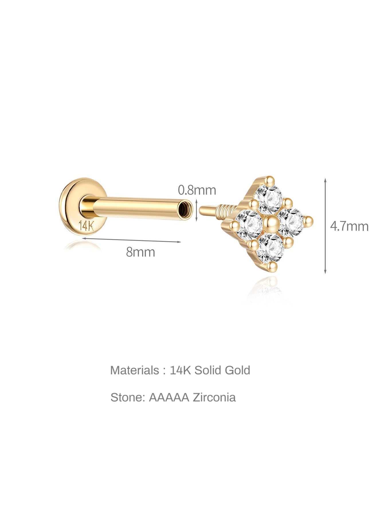 14K Solid Gold Four Flower Ear Piercing Stud