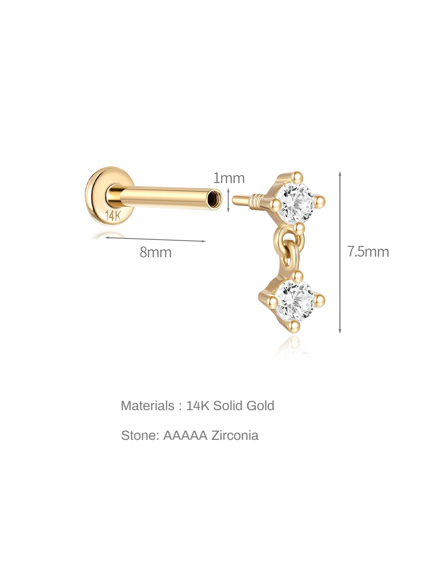 14K Solid Gold Hanging Zircon Ear Piercing Stud