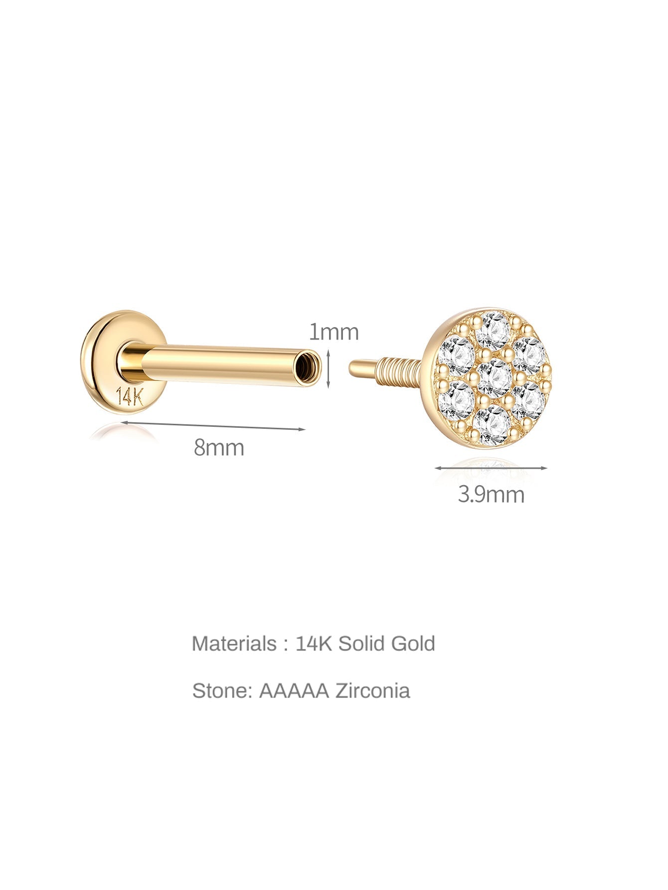 14K Solid Gold Classic Round Zircon Ear Piercing Stud