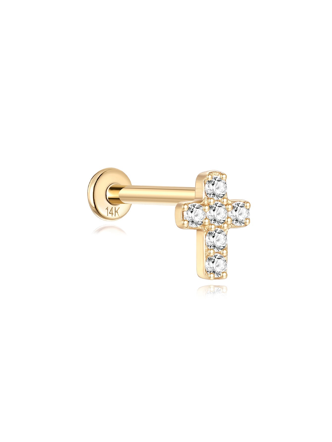 14K Solid Gold Lucky Cross Zircon  Ear Piercing Stud