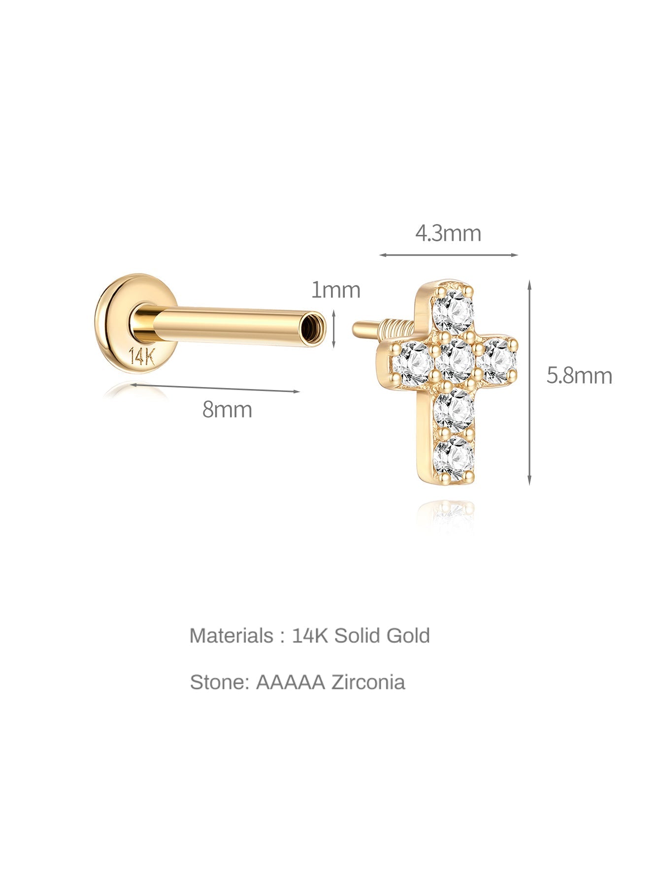 14K Solid Gold Lucky Cross Zircon  Ear Piercing Stud