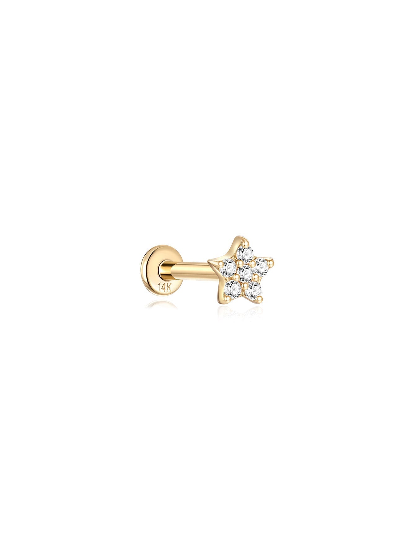 14K Solid Gold Pave Zircon Star  Ear Piercing Stud