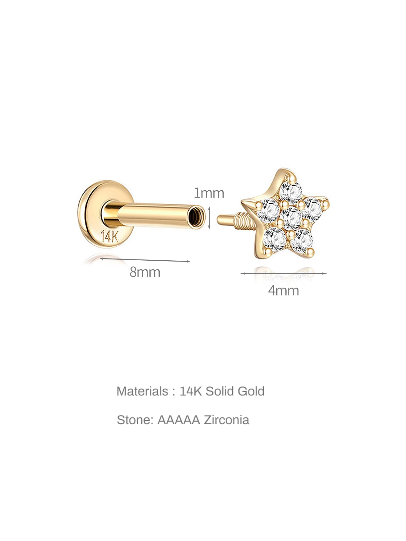 14K Solid Gold Pave Zircon Star  Ear Piercing Stud