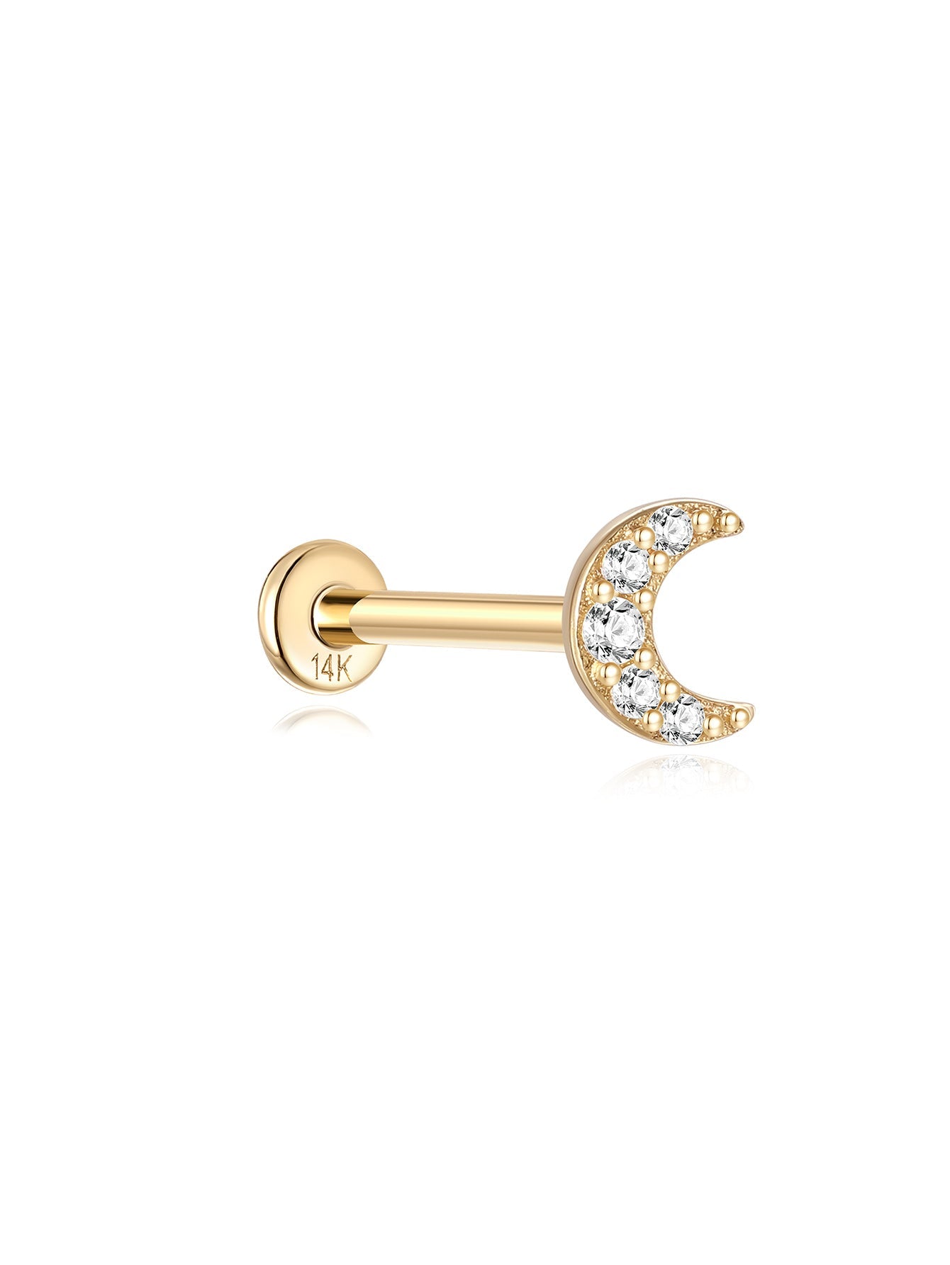 14K Solid Gold Pave Zircon Moon  Ear Piercing Stud