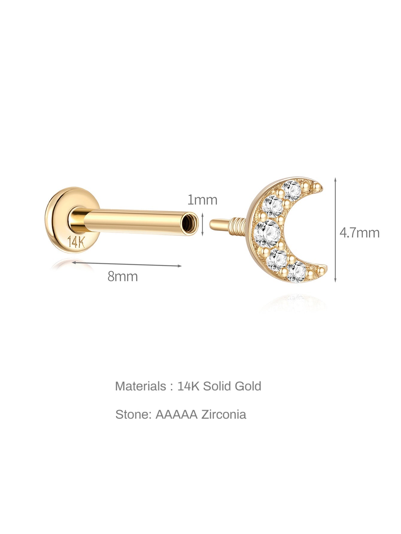 14K Solid Gold Pave Zircon Moon  Ear Piercing Stud