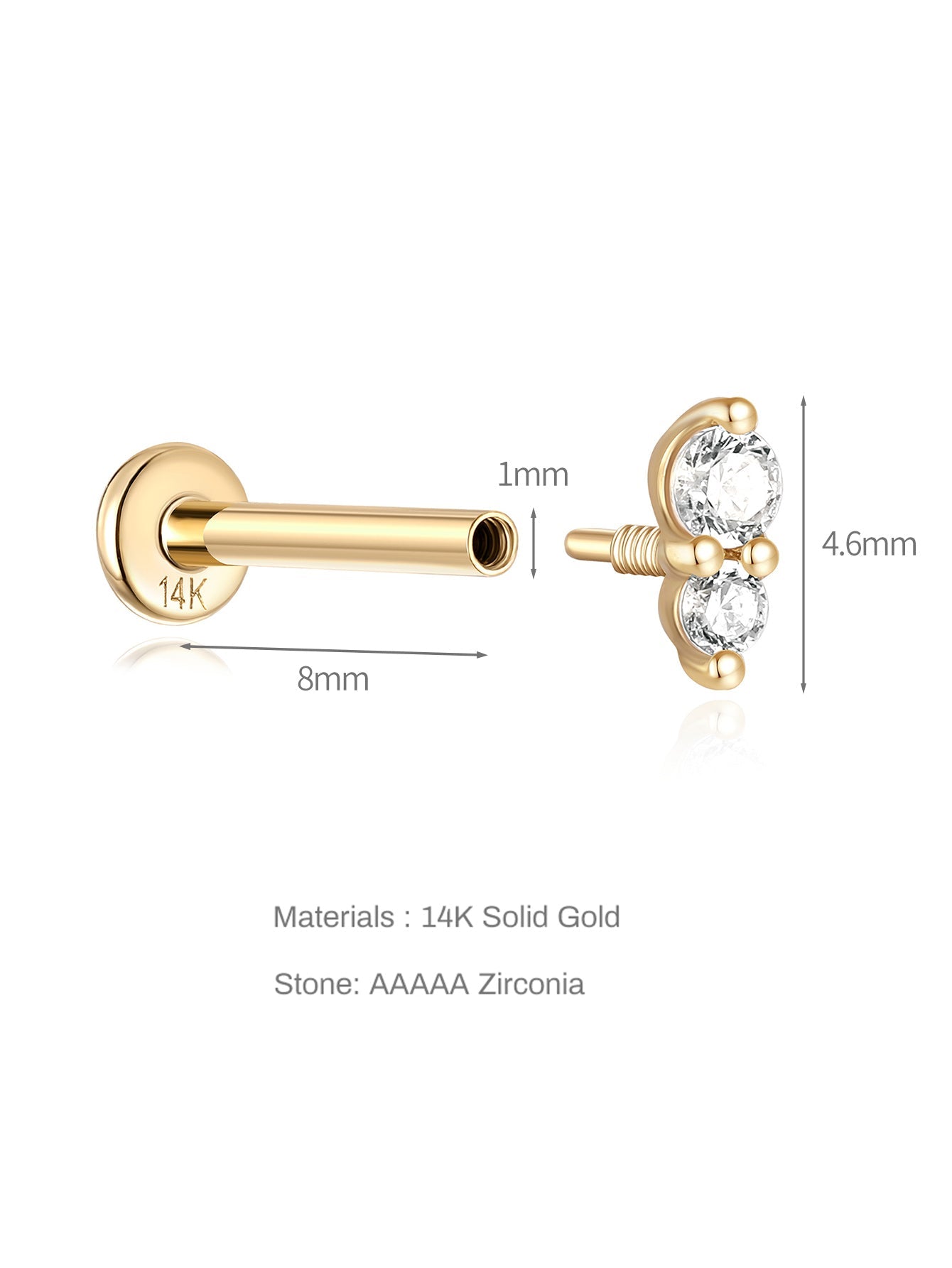 14K Solid Gold Sparkle Duo Zircon  Ear Piercing Stud