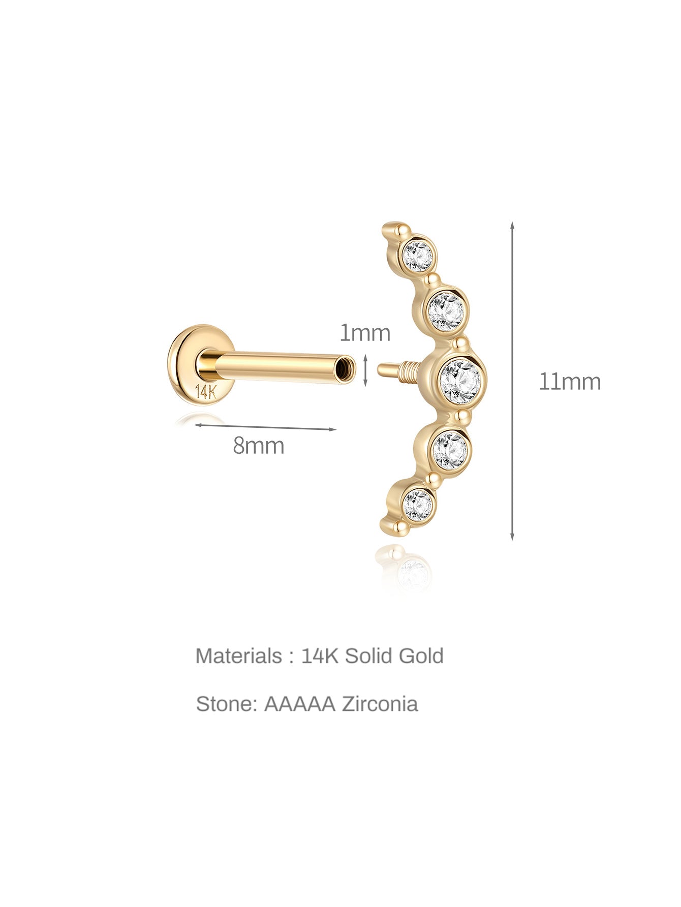 14K Solid Gold Zircon Curve   Ear Piercing Stud