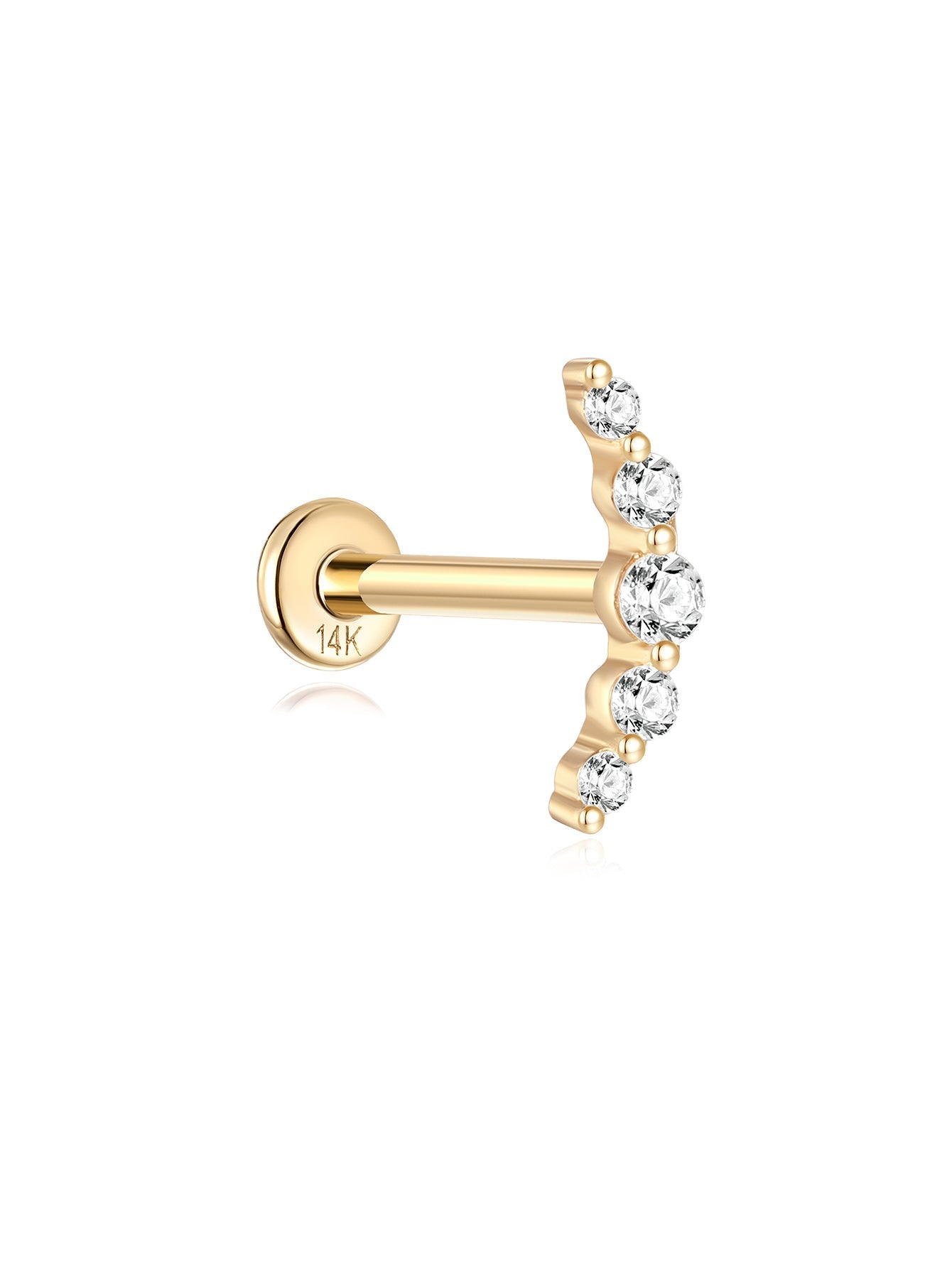 14K Solid Gold  Pave Crescent Ear Piercing Stud