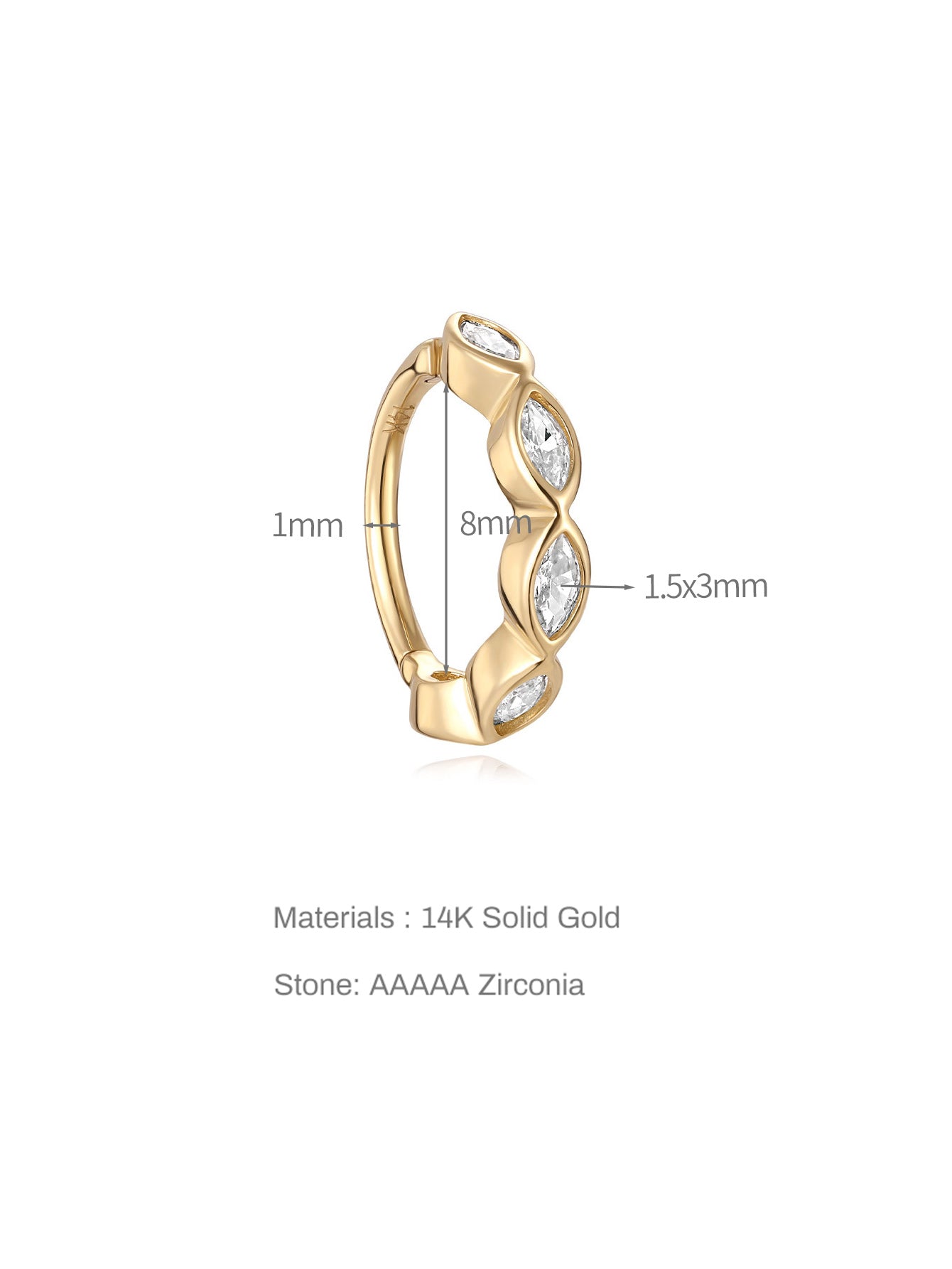 14K Solid Gold Crystal Hinged Segment Hoop Ring Clicker