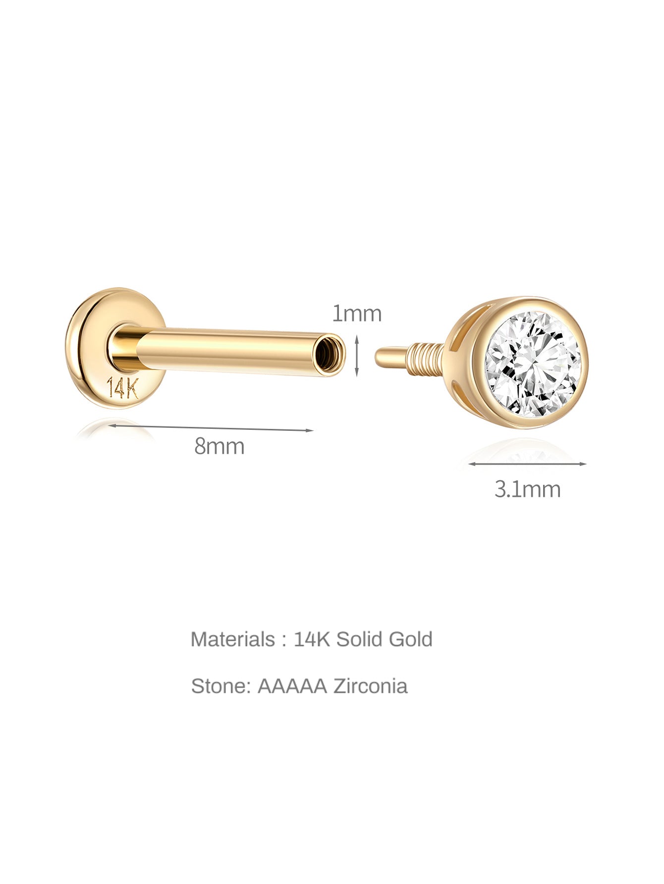 14K Solid Gold Zircon Threaded Ear Piercing Stud