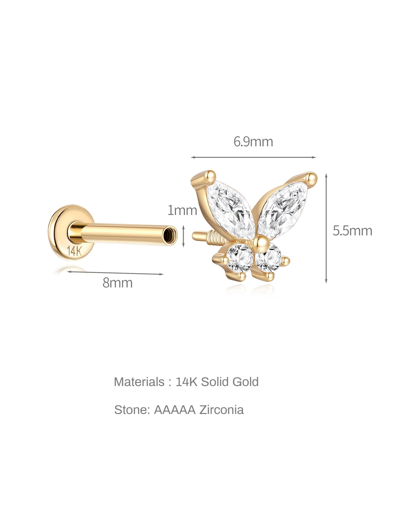 14K Solid Gold Butterfly Ear Piercing Stud