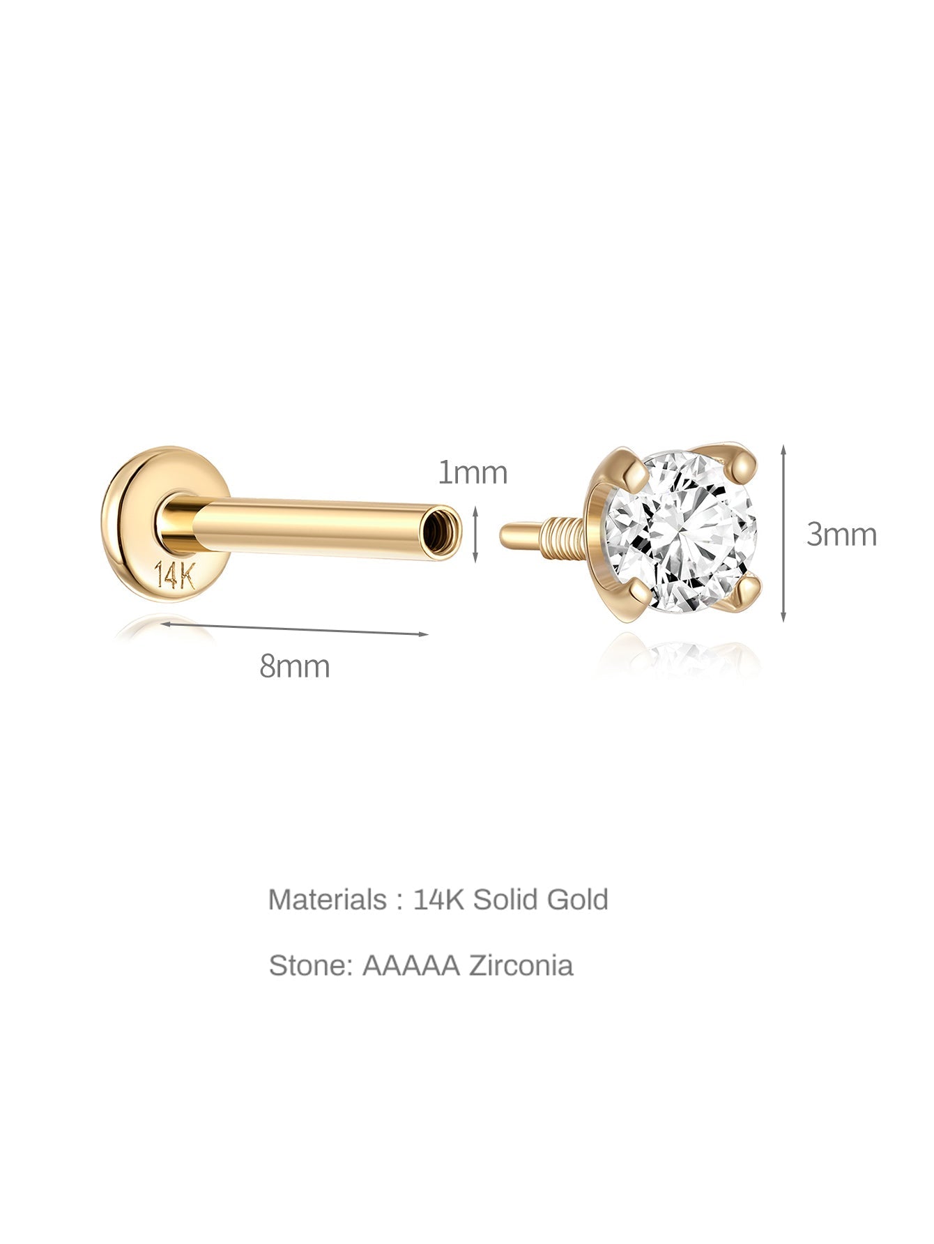 14K Solid Gold Mini Simple Zircon Ear Piercing Stud