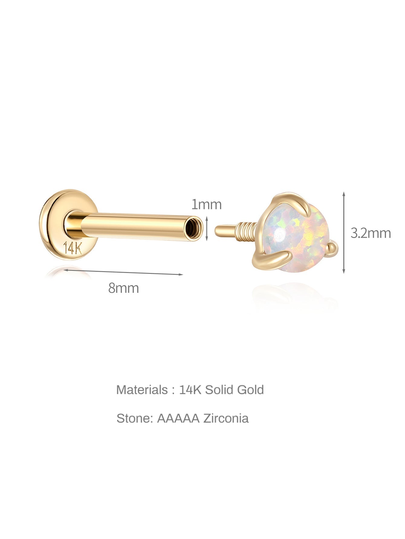 14K Solid Gold Opal Mini  Ear Piercing Stud