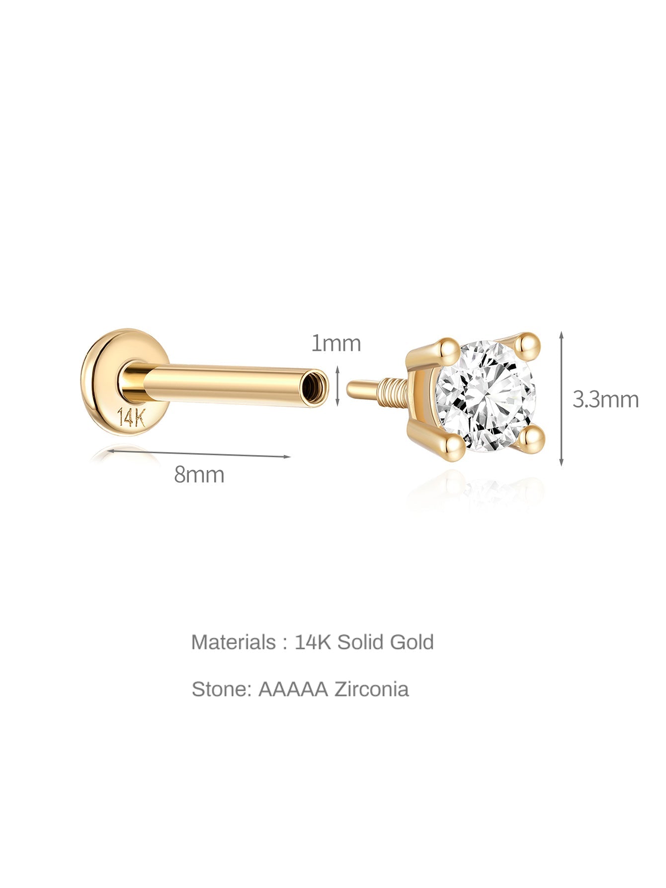 14K Solid Gold Single Zircon Ear Piercing Stud 3.3mm