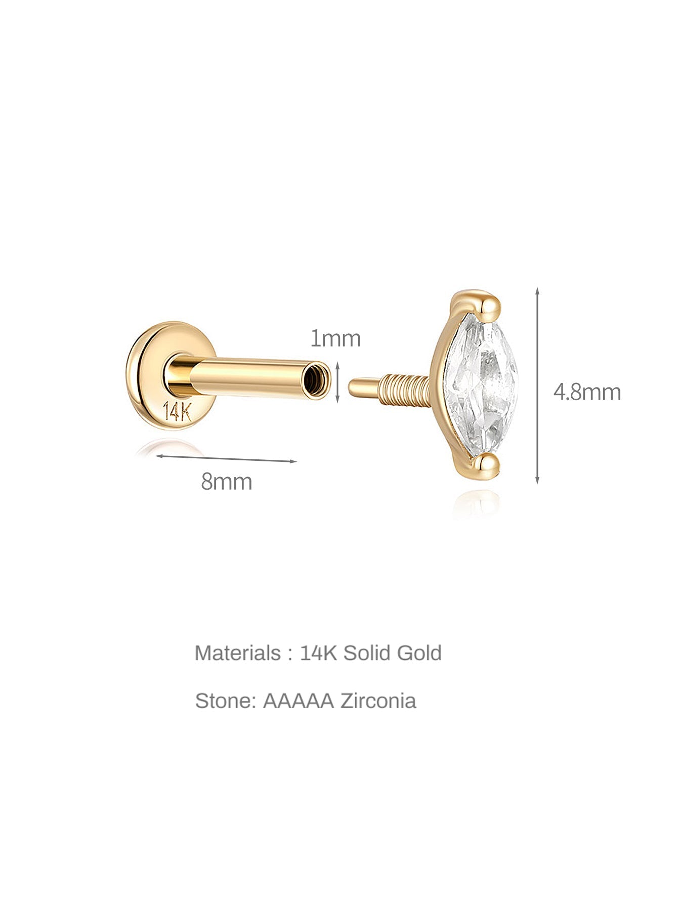 14K Solid Gold Leaf Zircon Thread Ear Piercing Stud 4.8mm