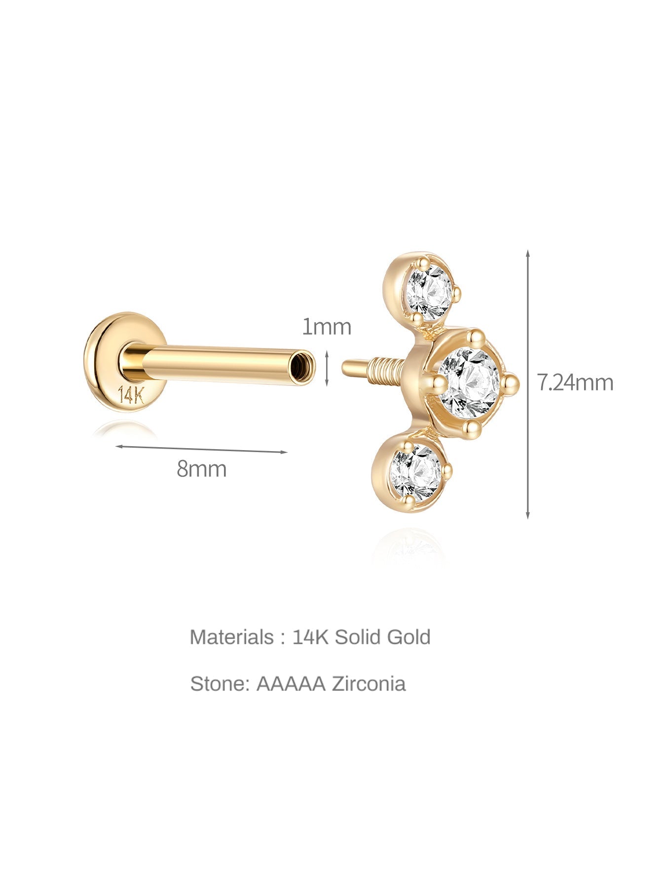 Stud de piercing d'oreille fileté avec trio de zircon serti en or massif 14K