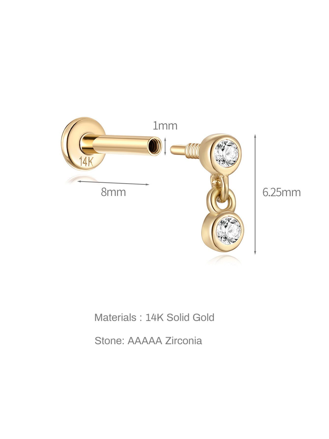 14K Solid Gold Dangle Zircon  Ear Piercing Stud