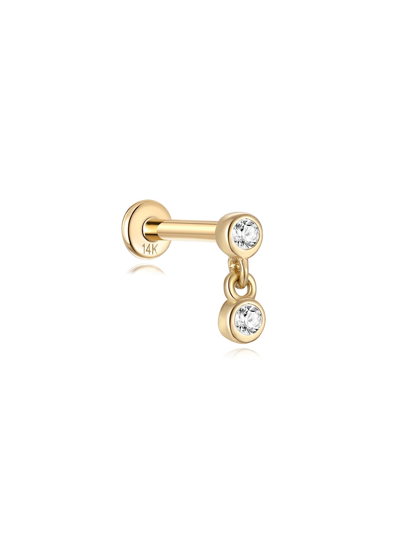 14K Solid Gold Dangle Zircon  Ear Piercing Stud