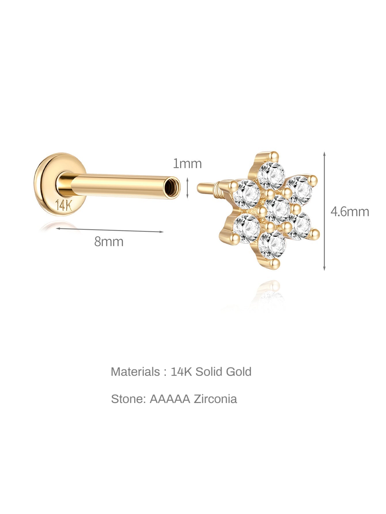 14K Solid Gold Bloom  Ear Piercing Stud