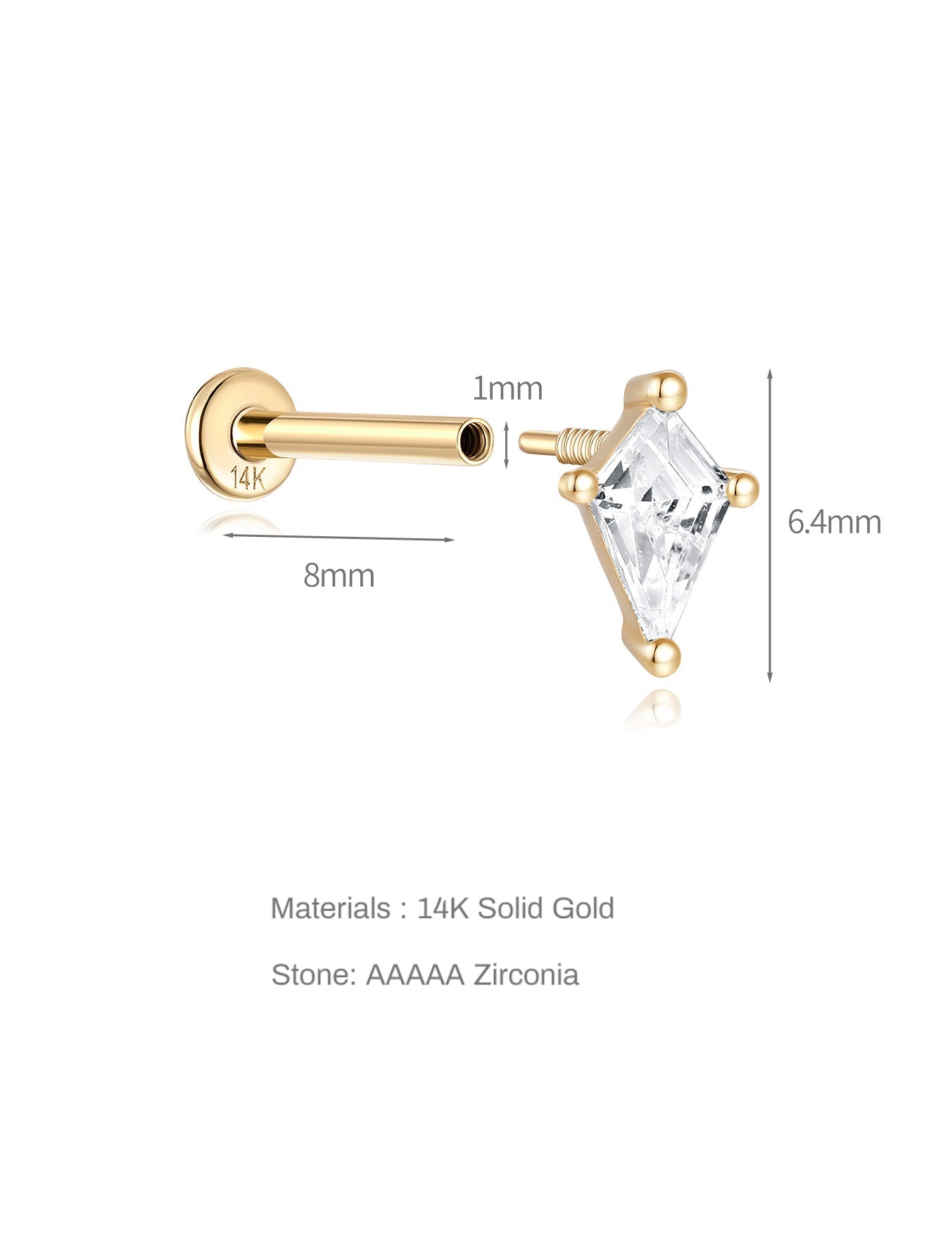 14K Solid Gold Losange Zircon Ear Piercing Stud