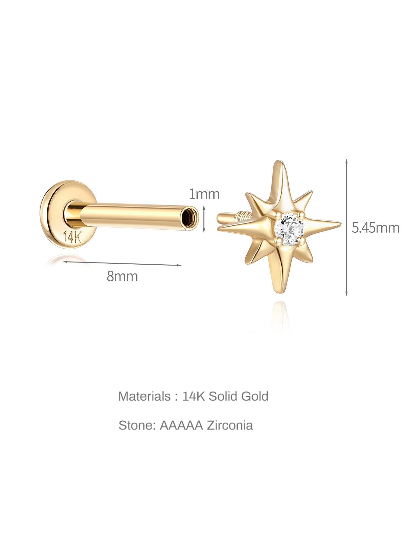 14K Solid Gold Octagonal Zircon Ear Piercing Stud