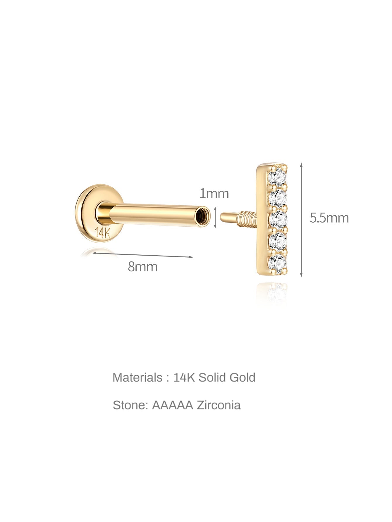 14K Solid Gold Bar Zircon Ear Piercing Stud