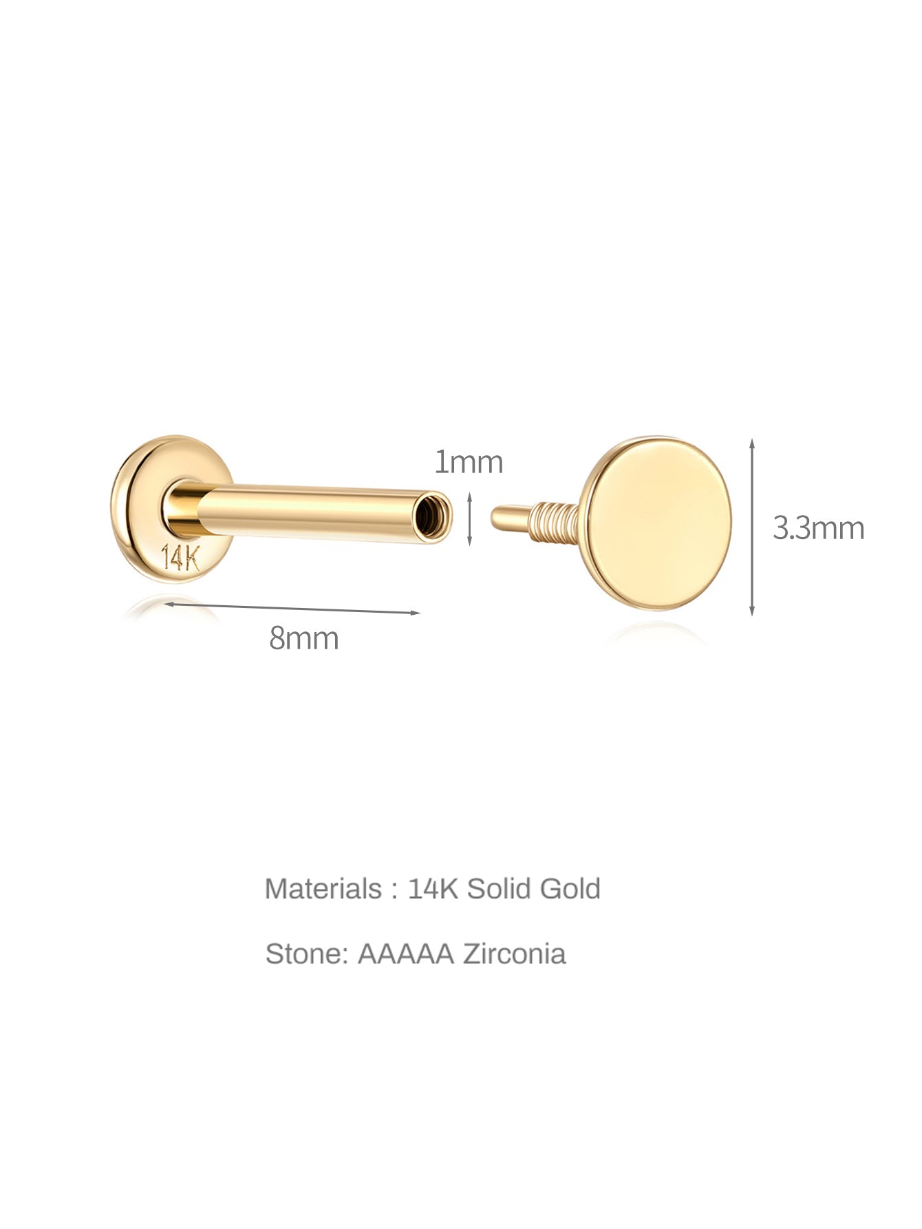 14K Solid Gold Flat Disc Threaded Ear Piercing Stud