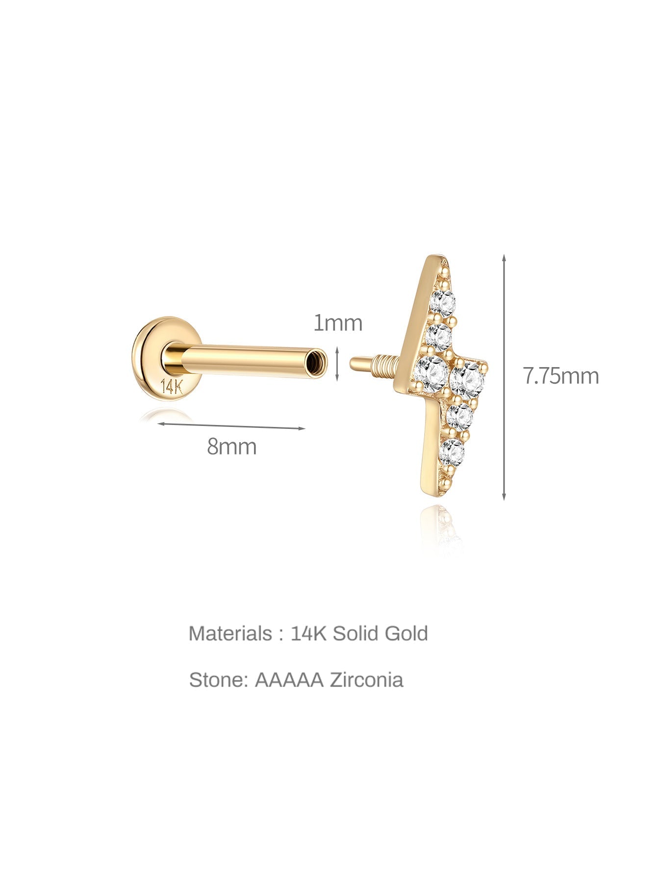 14K Solid Gold Lightning Zircon Ear Piercing Stud