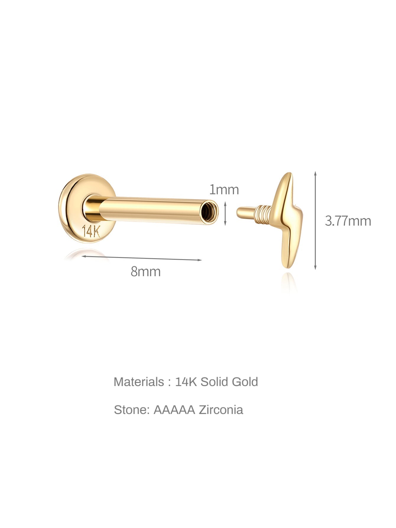 14K Solid Gold Glossy Lightning simplicity Ear Piercing Stud