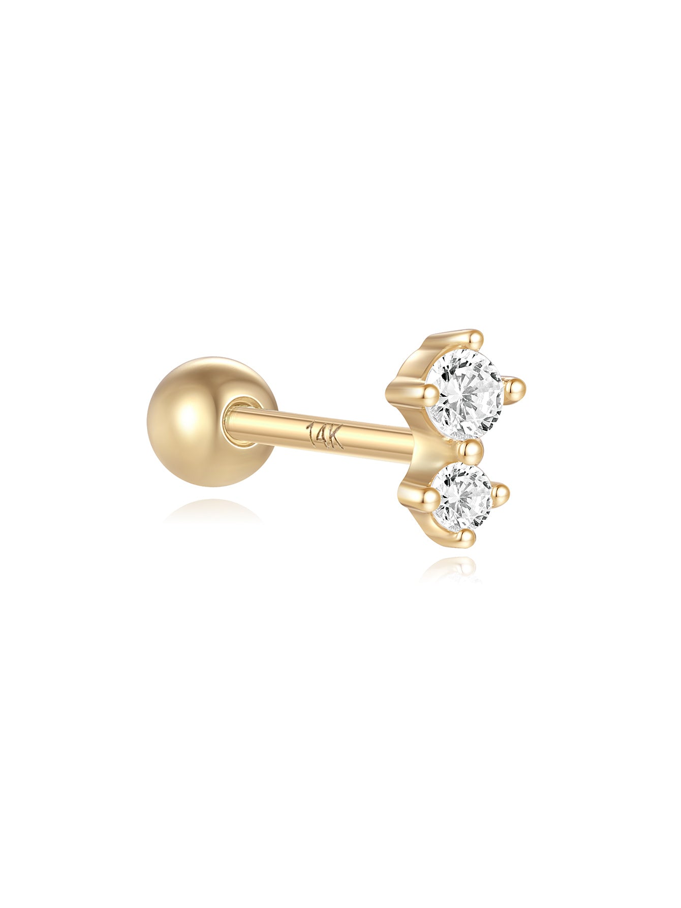 14K Solid Gold  Double Zircon Ear Piercing Stud